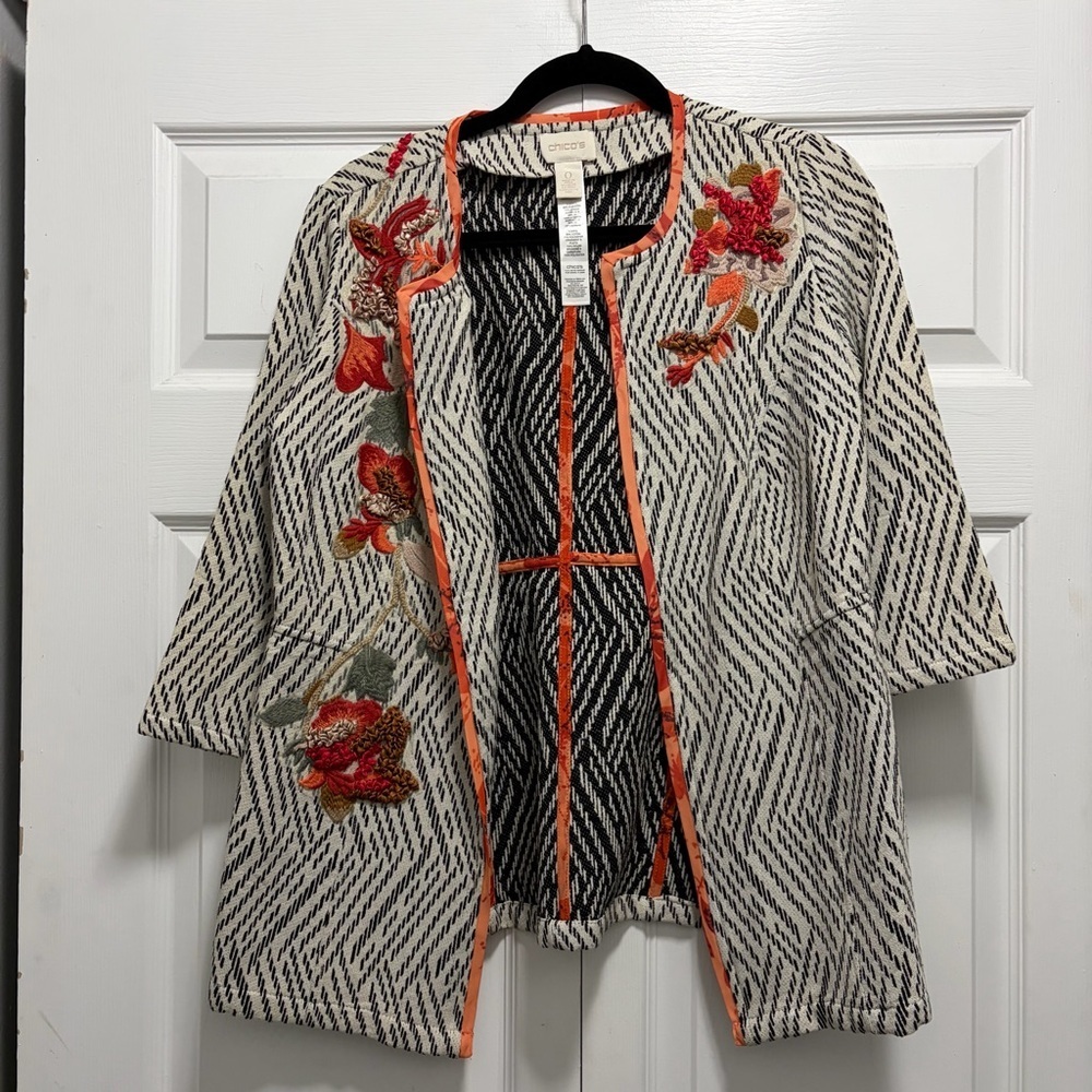 Chico's Cream Open-Front Tunic Jacket with Red & Orange Floral Embroidery